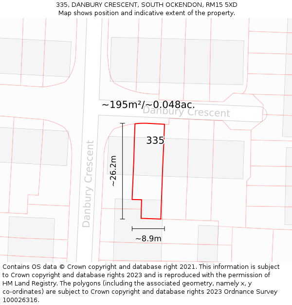 335, DANBURY CRESCENT, SOUTH OCKENDON, RM15 5XD: Plot and title map