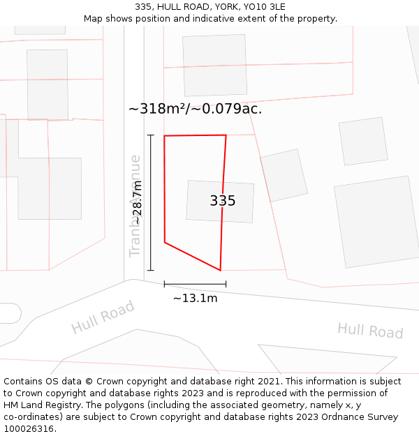 335, HULL ROAD, YORK, YO10 3LE: Plot and title map