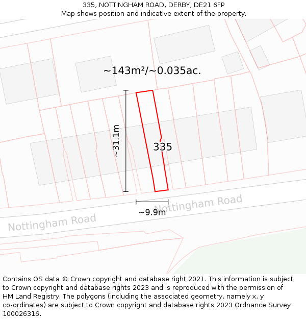 335, NOTTINGHAM ROAD, DERBY, DE21 6FP: Plot and title map