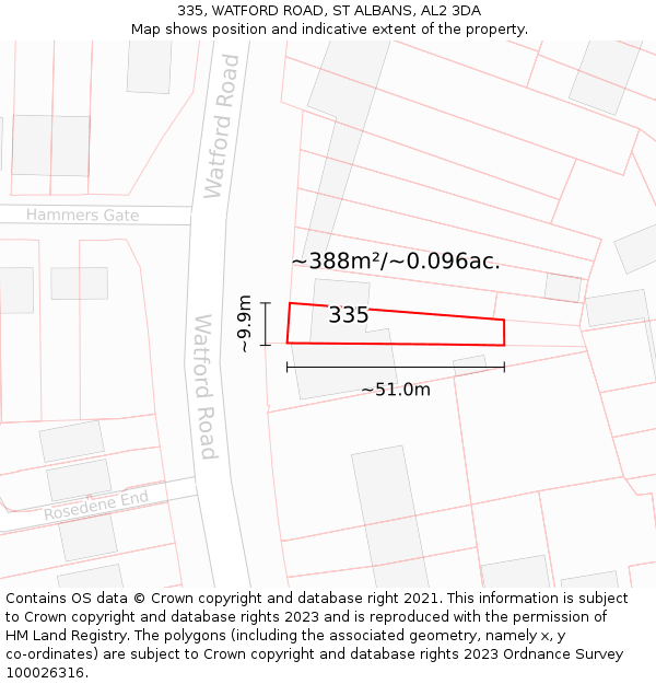 335, WATFORD ROAD, ST ALBANS, AL2 3DA: Plot and title map