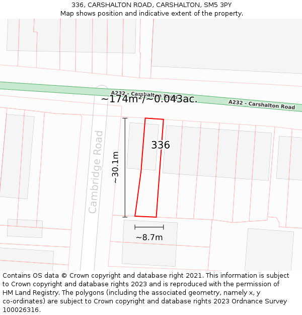 336, CARSHALTON ROAD, CARSHALTON, SM5 3PY: Plot and title map