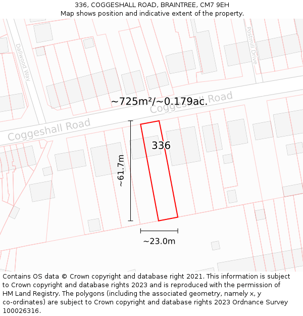 336, COGGESHALL ROAD, BRAINTREE, CM7 9EH: Plot and title map