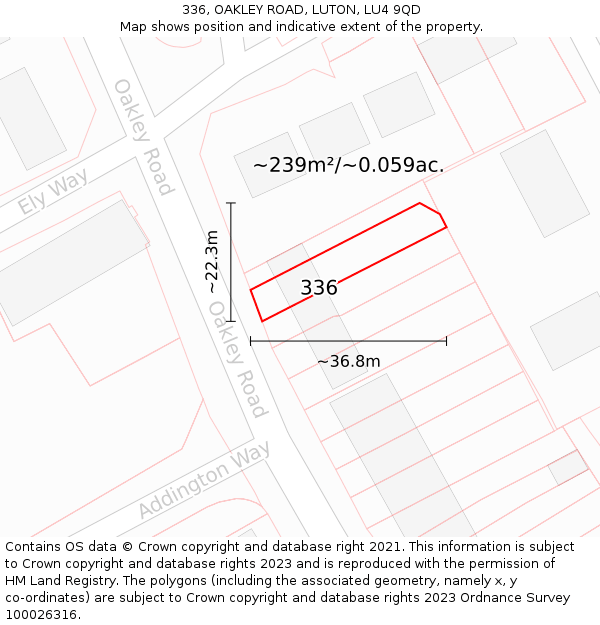 336, OAKLEY ROAD, LUTON, LU4 9QD: Plot and title map