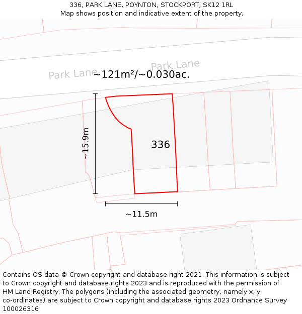 336, PARK LANE, POYNTON, STOCKPORT, SK12 1RL: Plot and title map