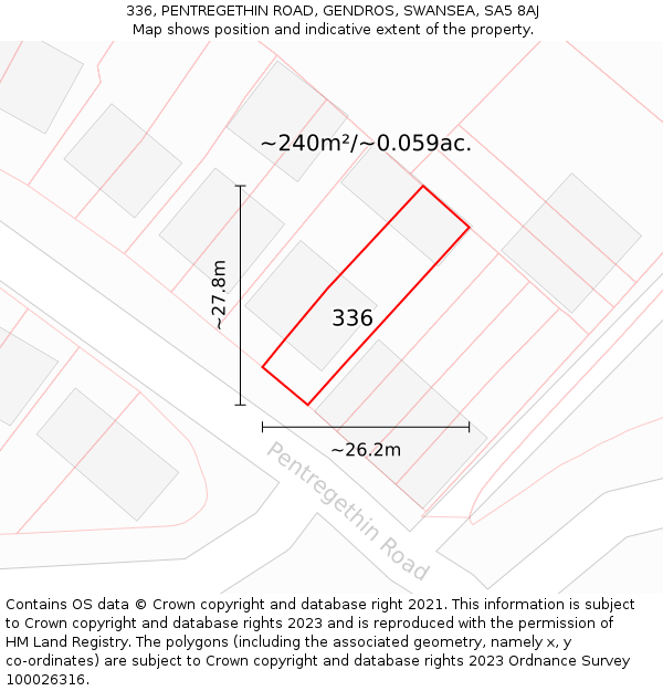 336, PENTREGETHIN ROAD, GENDROS, SWANSEA, SA5 8AJ: Plot and title map