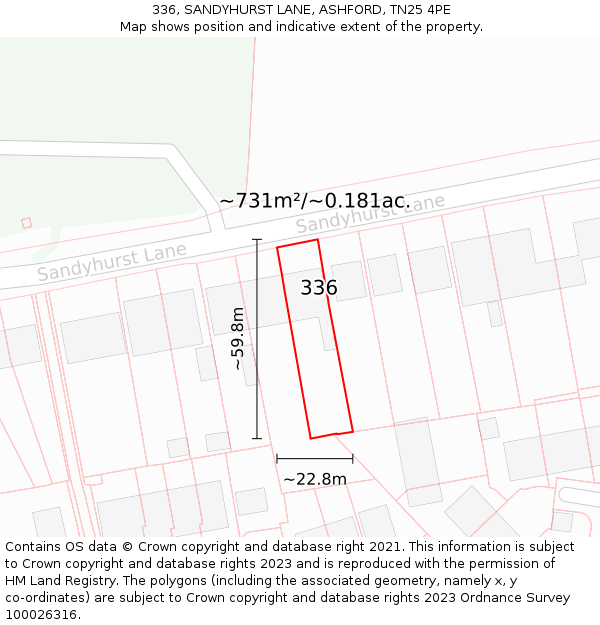 336, SANDYHURST LANE, ASHFORD, TN25 4PE: Plot and title map