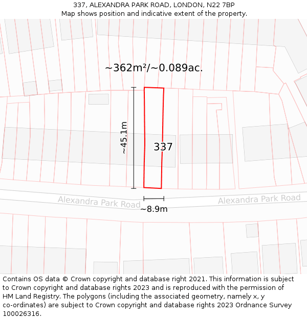 337, ALEXANDRA PARK ROAD, LONDON, N22 7BP: Plot and title map