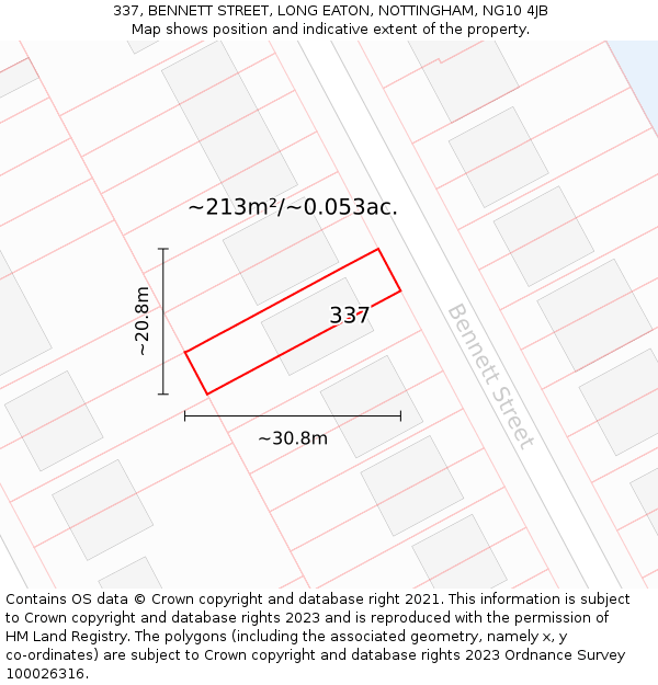 337, BENNETT STREET, LONG EATON, NOTTINGHAM, NG10 4JB: Plot and title map