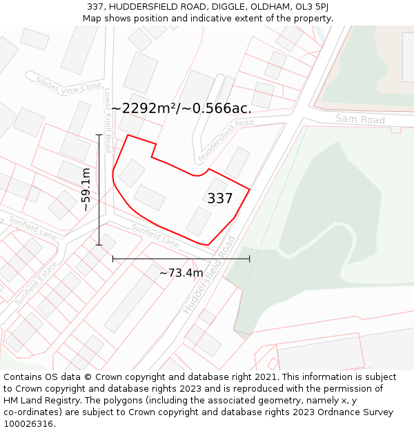 337, HUDDERSFIELD ROAD, DIGGLE, OLDHAM, OL3 5PJ: Plot and title map