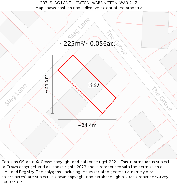 337, SLAG LANE, LOWTON, WARRINGTON, WA3 2HZ: Plot and title map