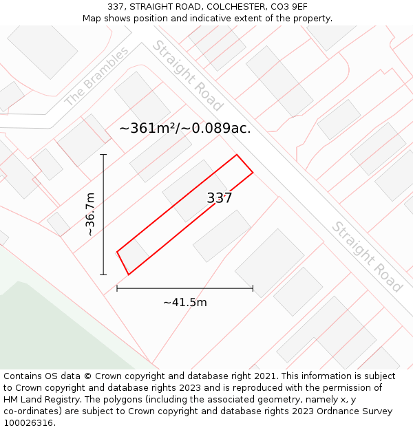 337, STRAIGHT ROAD, COLCHESTER, CO3 9EF: Plot and title map