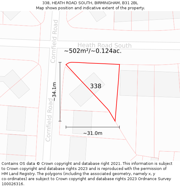 338, HEATH ROAD SOUTH, BIRMINGHAM, B31 2BL: Plot and title map