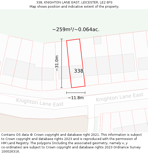 338, KNIGHTON LANE EAST, LEICESTER, LE2 6FS: Plot and title map