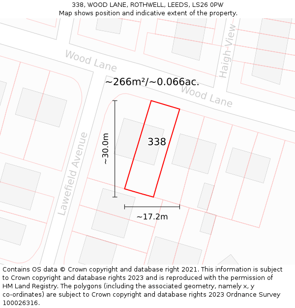 338, WOOD LANE, ROTHWELL, LEEDS, LS26 0PW: Plot and title map