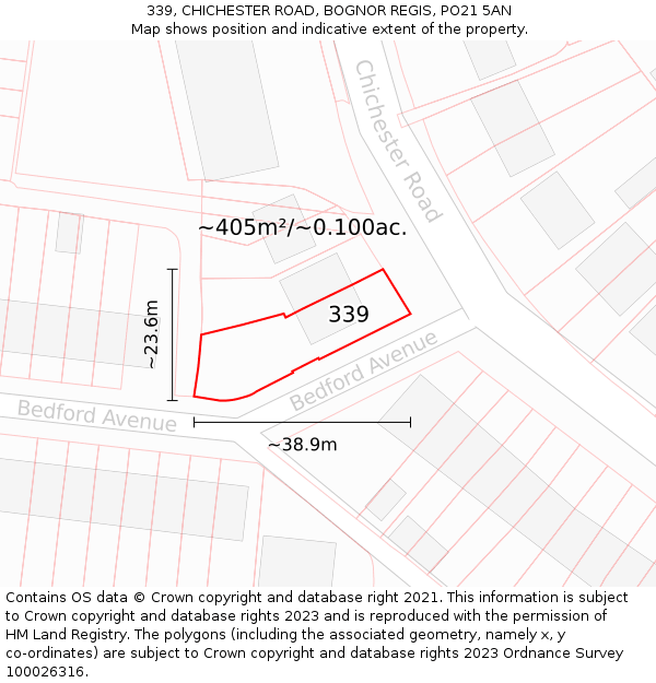 339, CHICHESTER ROAD, BOGNOR REGIS, PO21 5AN: Plot and title map