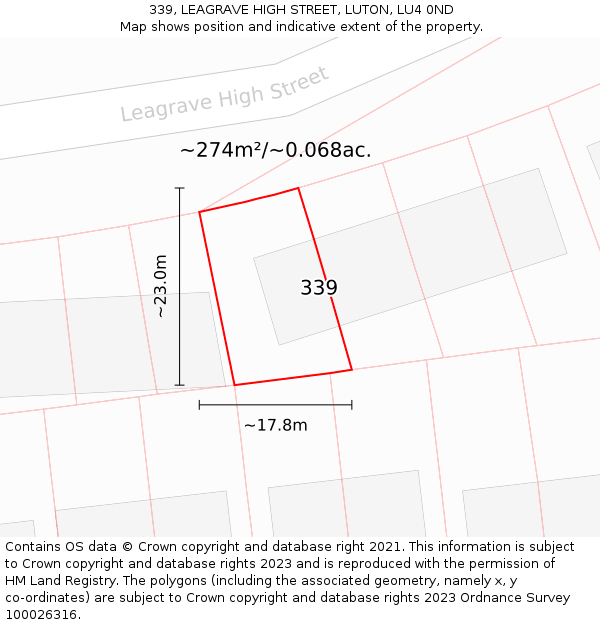 339, LEAGRAVE HIGH STREET, LUTON, LU4 0ND: Plot and title map