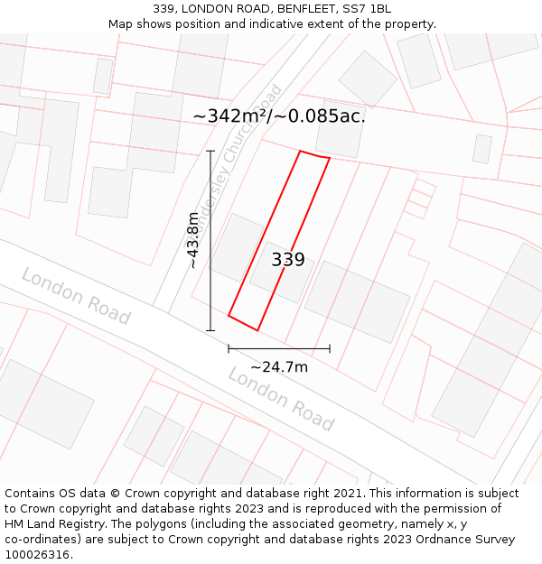 339, LONDON ROAD, BENFLEET, SS7 1BL: Plot and title map