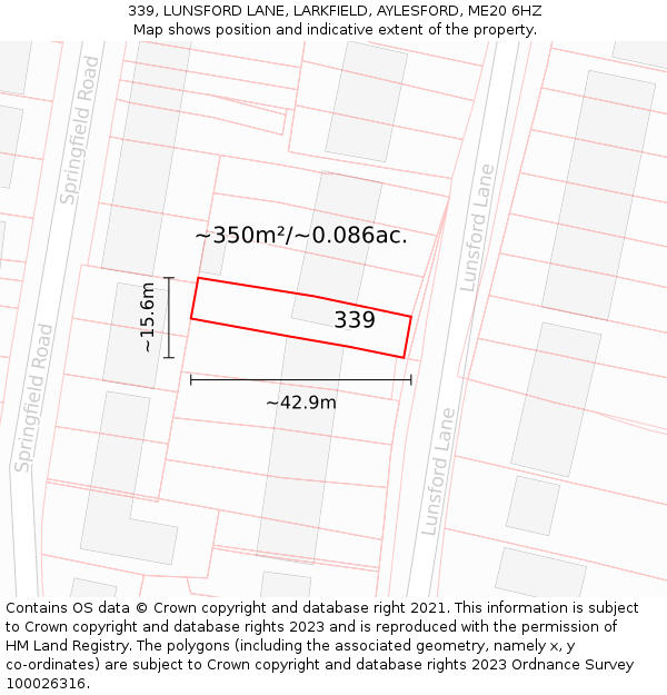 339, LUNSFORD LANE, LARKFIELD, AYLESFORD, ME20 6HZ: Plot and title map