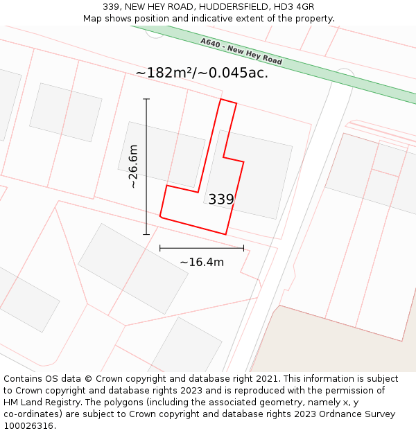 339, NEW HEY ROAD, HUDDERSFIELD, HD3 4GR: Plot and title map