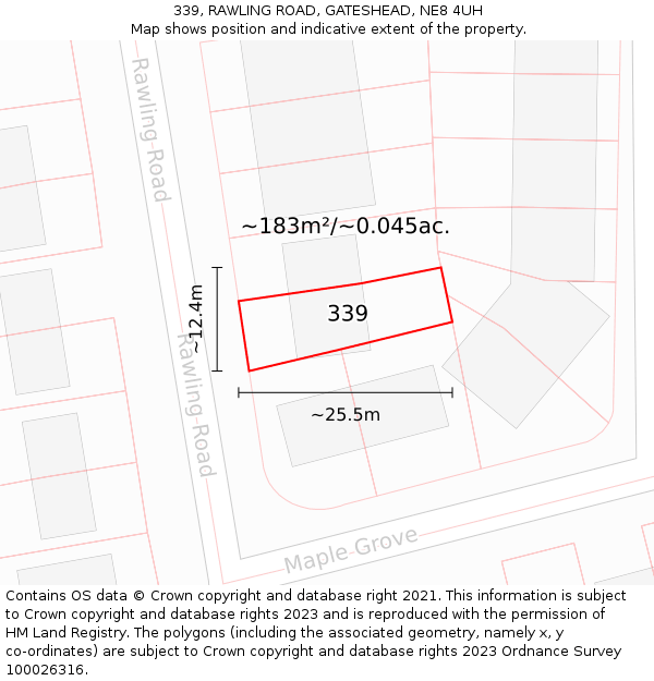 339, RAWLING ROAD, GATESHEAD, NE8 4UH: Plot and title map