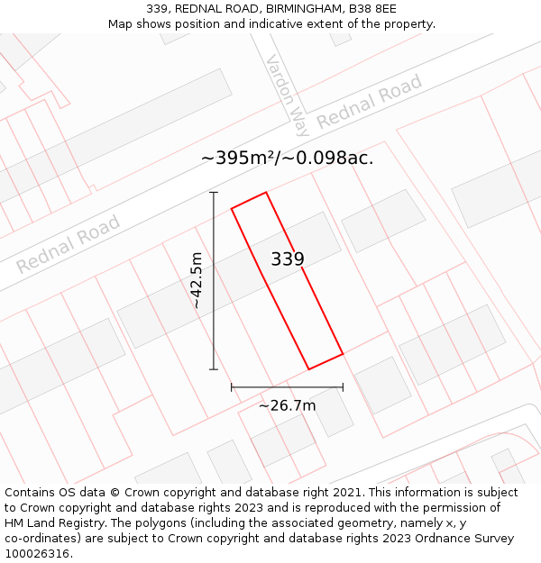 339, REDNAL ROAD, BIRMINGHAM, B38 8EE: Plot and title map