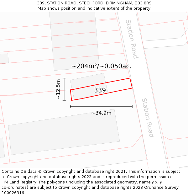 339, STATION ROAD, STECHFORD, BIRMINGHAM, B33 8RS: Plot and title map