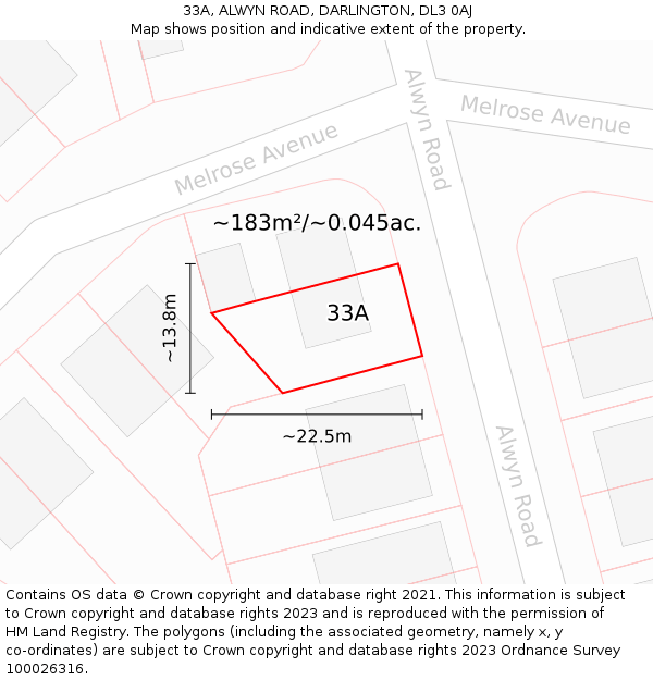 33A, ALWYN ROAD, DARLINGTON, DL3 0AJ: Plot and title map