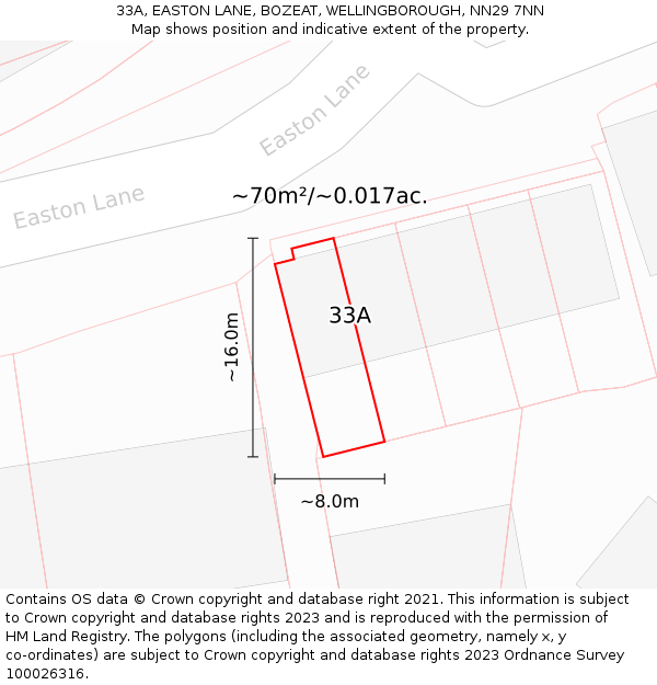 33A, EASTON LANE, BOZEAT, WELLINGBOROUGH, NN29 7NN: Plot and title map