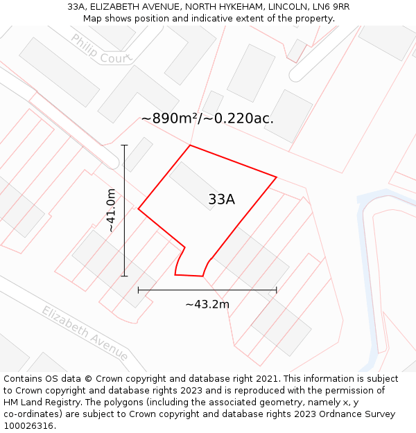 33A, ELIZABETH AVENUE, NORTH HYKEHAM, LINCOLN, LN6 9RR: Plot and title map