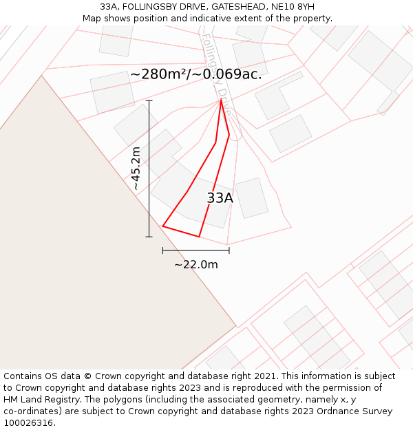 33A, FOLLINGSBY DRIVE, GATESHEAD, NE10 8YH: Plot and title map