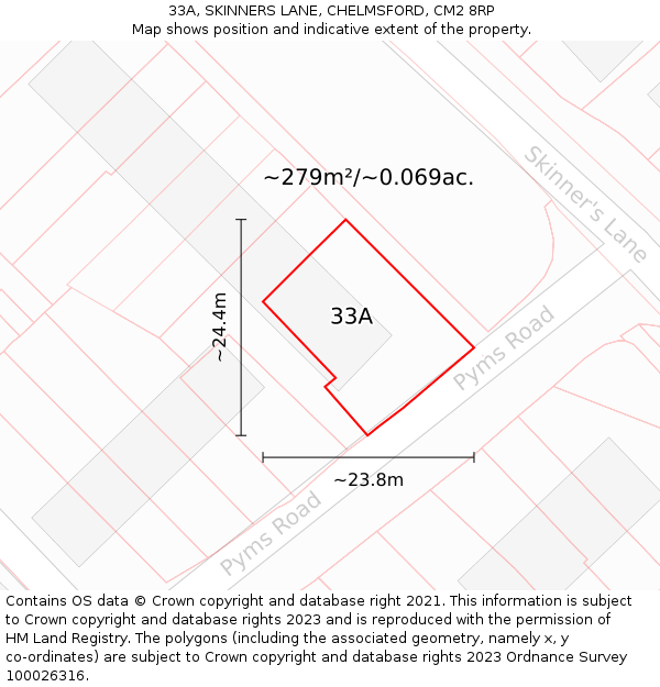 33A, SKINNERS LANE, CHELMSFORD, CM2 8RP: Plot and title map