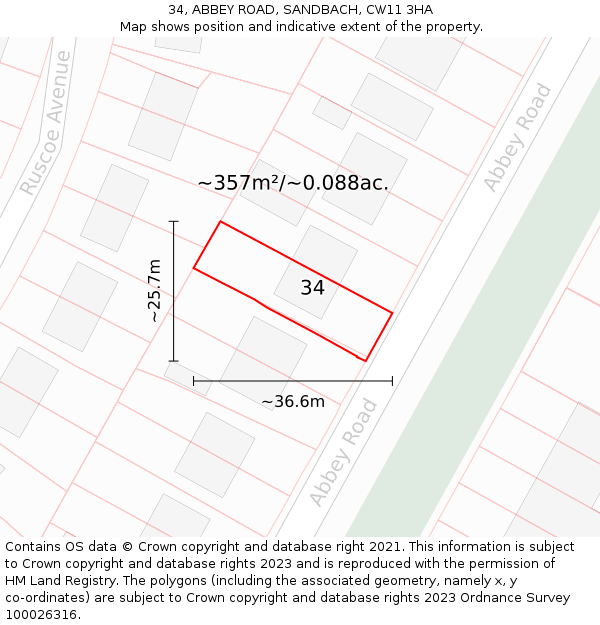 34, ABBEY ROAD, SANDBACH, CW11 3HA: Plot and title map