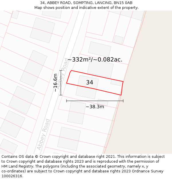 34, ABBEY ROAD, SOMPTING, LANCING, BN15 0AB: Plot and title map