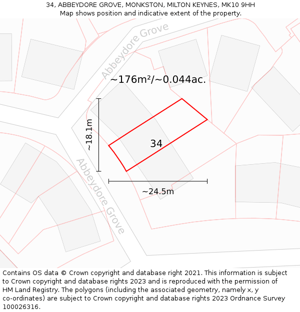 34, ABBEYDORE GROVE, MONKSTON, MILTON KEYNES, MK10 9HH: Plot and title map