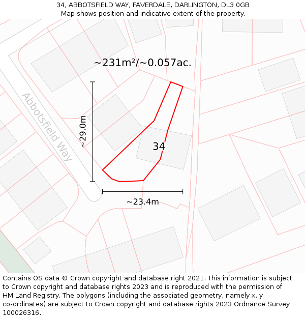 34, ABBOTSFIELD WAY, FAVERDALE, DARLINGTON, DL3 0GB: Plot and title map