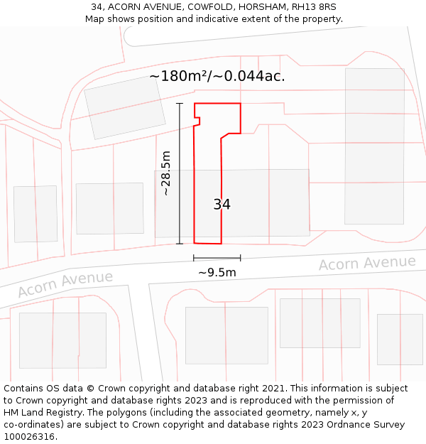 34, ACORN AVENUE, COWFOLD, HORSHAM, RH13 8RS: Plot and title map