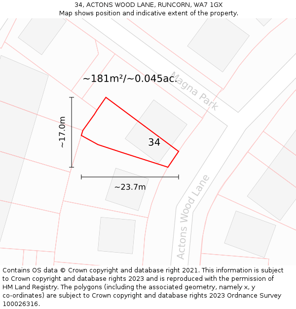 34, ACTONS WOOD LANE, RUNCORN, WA7 1GX: Plot and title map