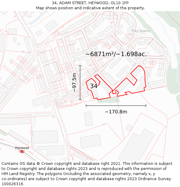 34, ADAM STREET, HEYWOOD, OL10 1FP: Plot and title map