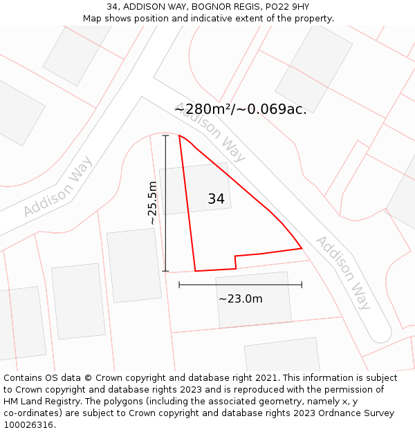 34, ADDISON WAY, BOGNOR REGIS, PO22 9HY: Plot and title map