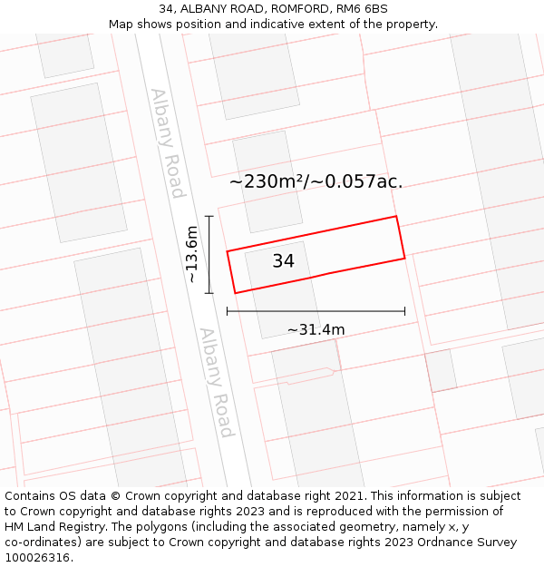 34, ALBANY ROAD, ROMFORD, RM6 6BS: Plot and title map