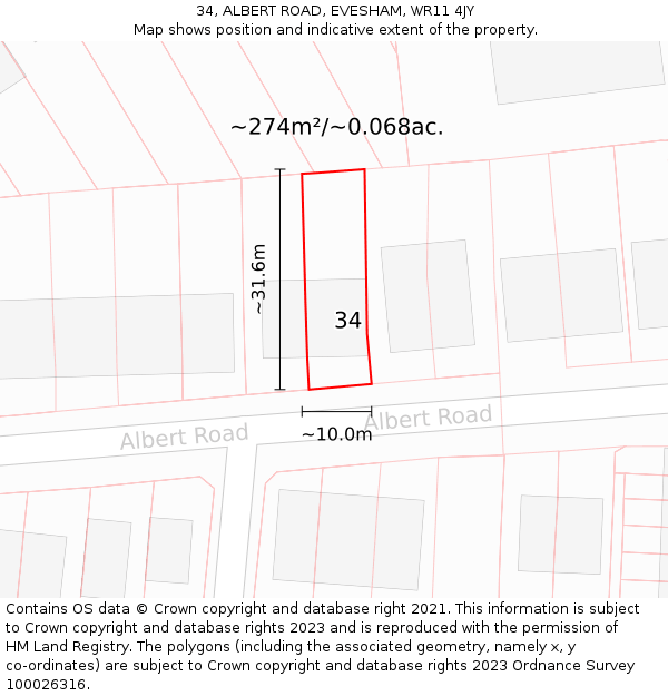 34, ALBERT ROAD, EVESHAM, WR11 4JY: Plot and title map