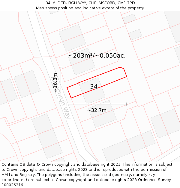 34, ALDEBURGH WAY, CHELMSFORD, CM1 7PD: Plot and title map