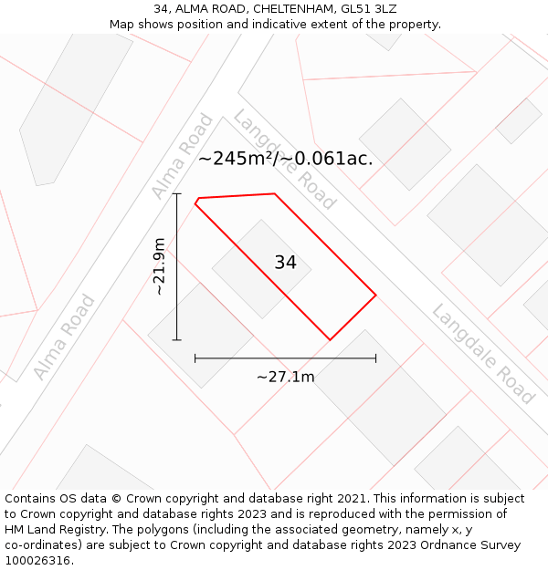 34, ALMA ROAD, CHELTENHAM, GL51 3LZ: Plot and title map