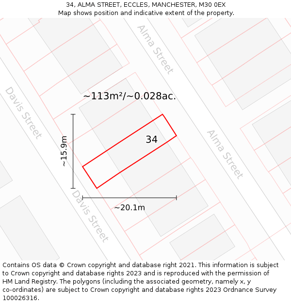 34, ALMA STREET, ECCLES, MANCHESTER, M30 0EX: Plot and title map