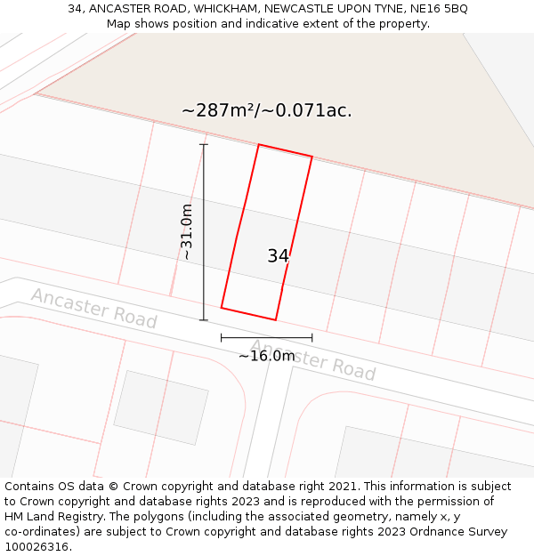 34, ANCASTER ROAD, WHICKHAM, NEWCASTLE UPON TYNE, NE16 5BQ: Plot and title map