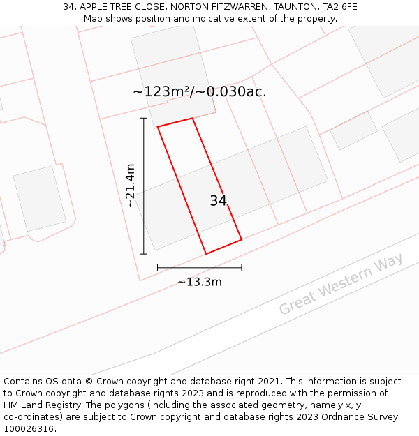 34, APPLE TREE CLOSE, NORTON FITZWARREN, TAUNTON, TA2 6FE: Plot and title map