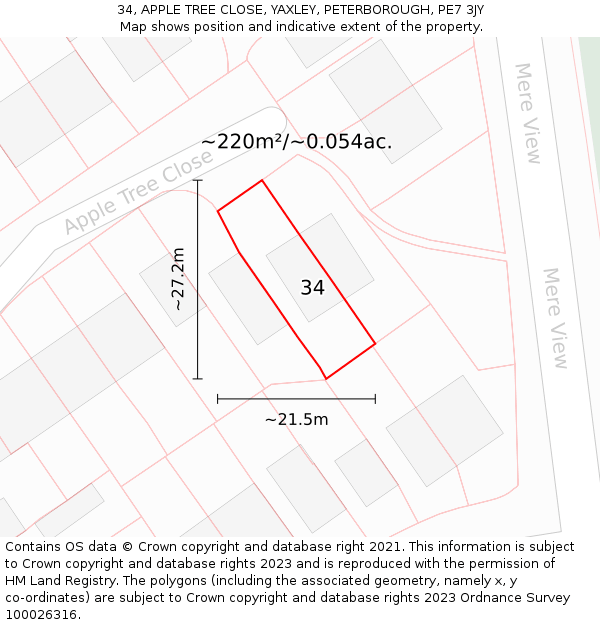 34, APPLE TREE CLOSE, YAXLEY, PETERBOROUGH, PE7 3JY: Plot and title map