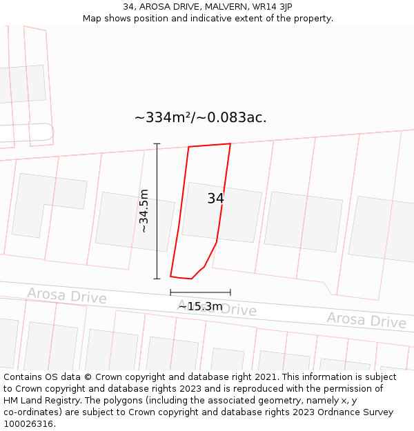 34, AROSA DRIVE, MALVERN, WR14 3JP: Plot and title map