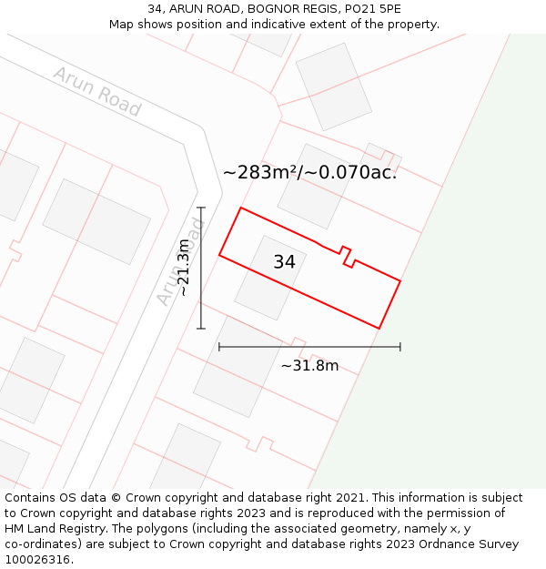 34, ARUN ROAD, BOGNOR REGIS, PO21 5PE: Plot and title map