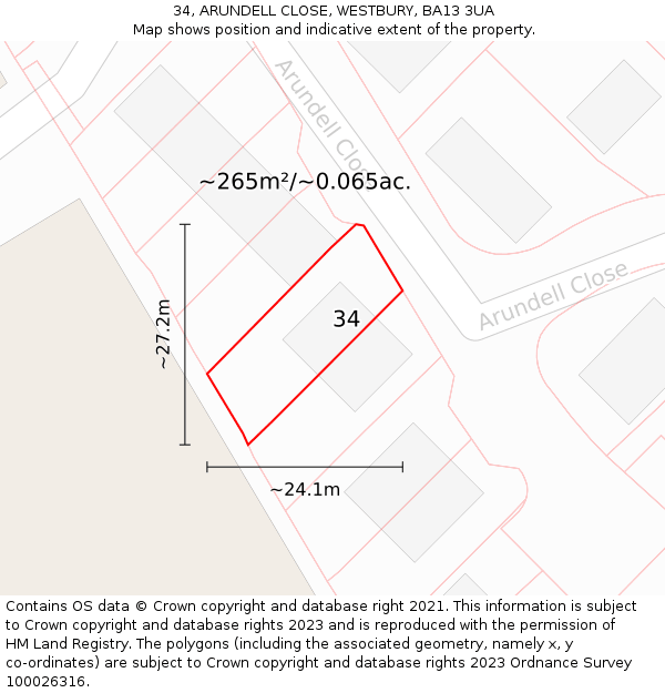 34, ARUNDELL CLOSE, WESTBURY, BA13 3UA: Plot and title map